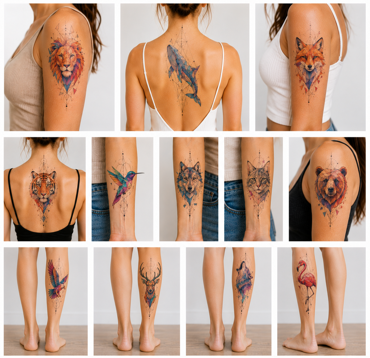 Collage of twelve colorful geometric animal tattoos for women featuring a lion, whale, fox, tiger, hummingbird, wolf, cat, bear, deer, bird, and flamingo on the shoulder, back, forearm, and lower leg.