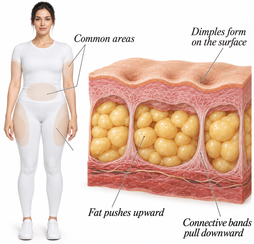 Cellulite formation showing fat pushing upward and connective tissue bands pulling the skin downward to create dimples.