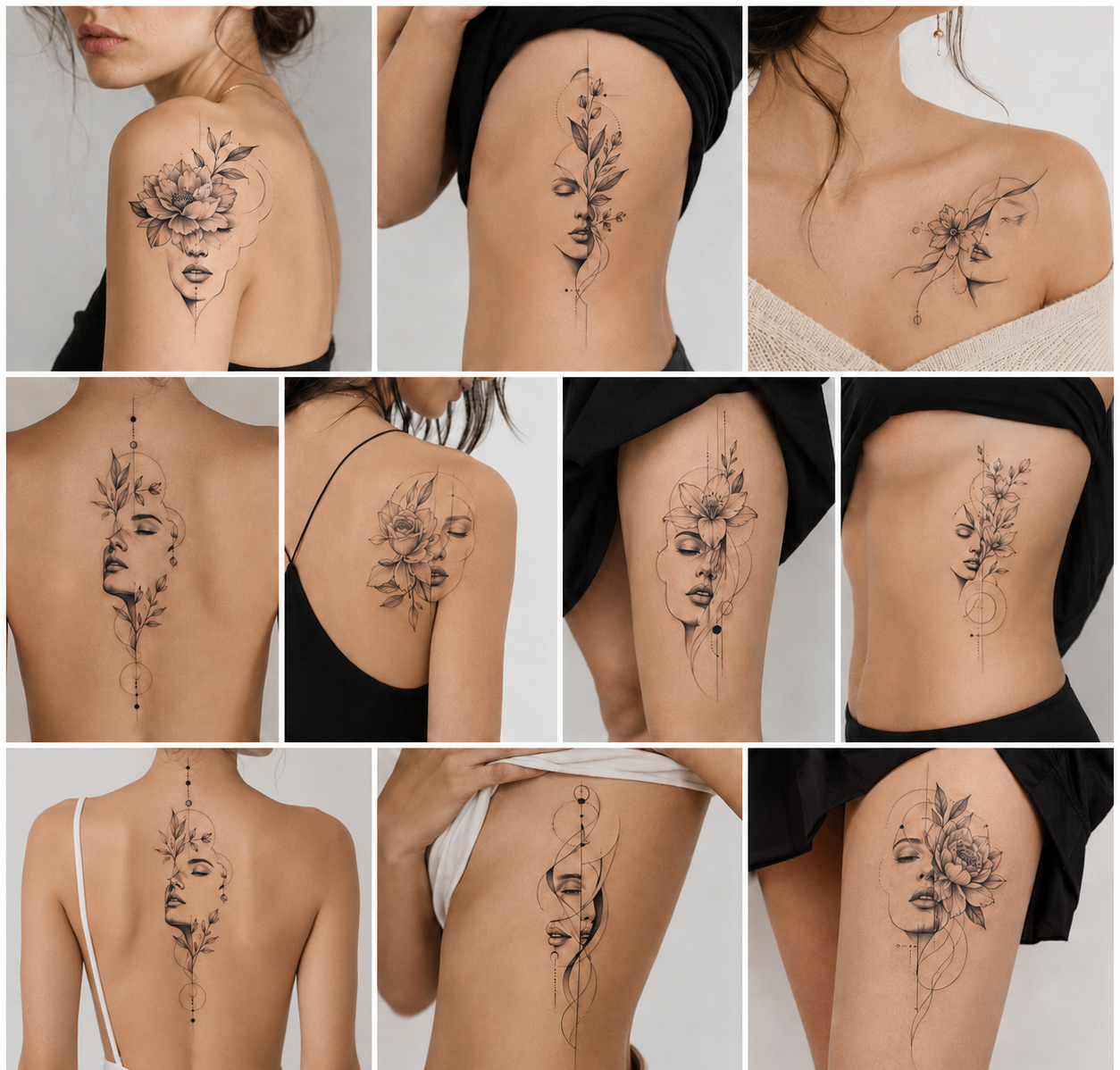 Collage of graphic portrait tattoos for women featuring faces, flowers, fine lines, and geometric elements on the shoulder, back, ribs, and thigh.