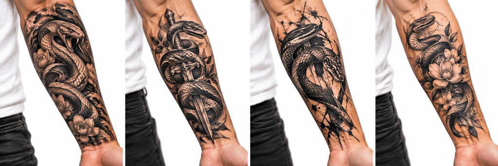 Men’s forearm tattoos featuring snakes with flowers, a dagger, and blackwork elements.
