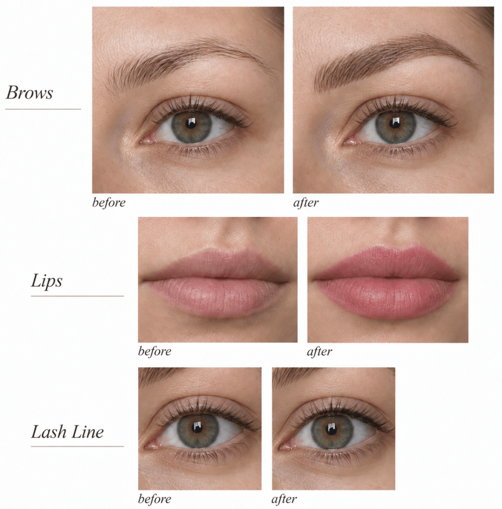 Before-and-after collage showing natural permanent makeup results for brows, lips, and lash-line enhancement.