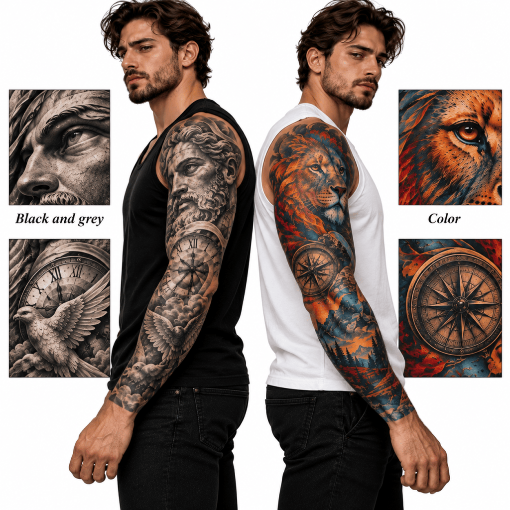 Comparison of black and grey and color tattoo sleeves for men, with close-up details of each style.