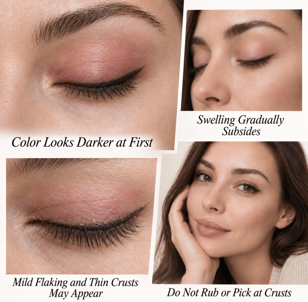 Infographic showing permanent eyeliner healing: darker initial color, gradually reduced swelling, mild flaking, thin crusts, and a reminder not to rub or pick them.