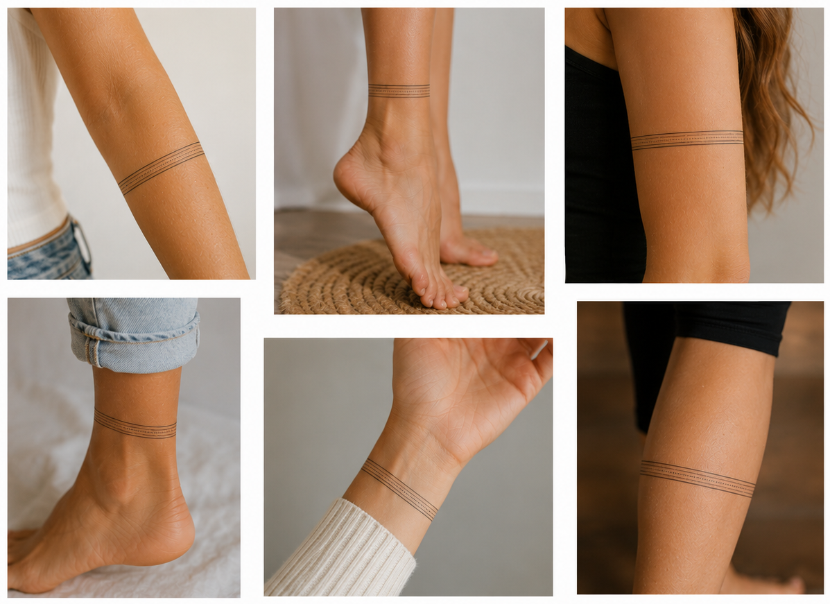 Collage of seven geometric tattoos for women featuring fine parallel bands wrapping evenly around the arm, wrist, forearm, lower leg, and ankle.