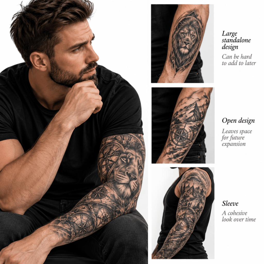 Men’s forearm tattoos showing a standalone design, an open composition, and a future sleeve concept.