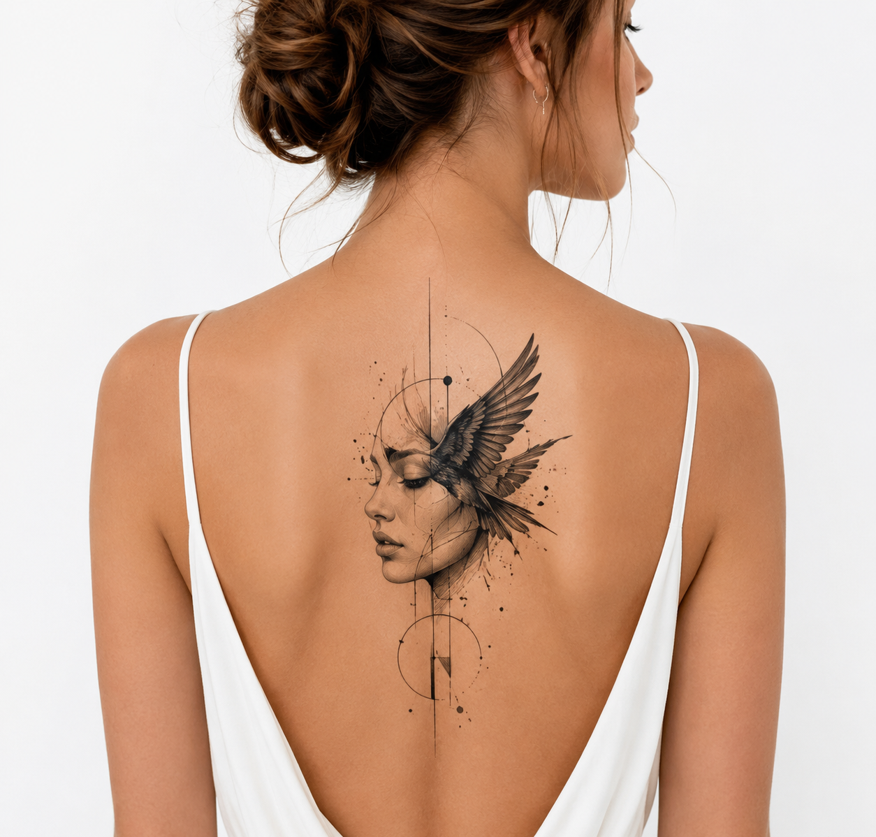 Woman in a white open-back dress with an abstract graphic tattoo in which half of a female face blends into the silhouette of a bird.