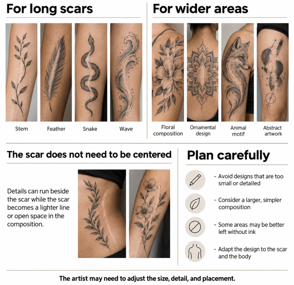 Infographic showing tattoo design ideas for long and wide scars, alternative scar placement within a composition, and planning tips for size, detail, and placement.