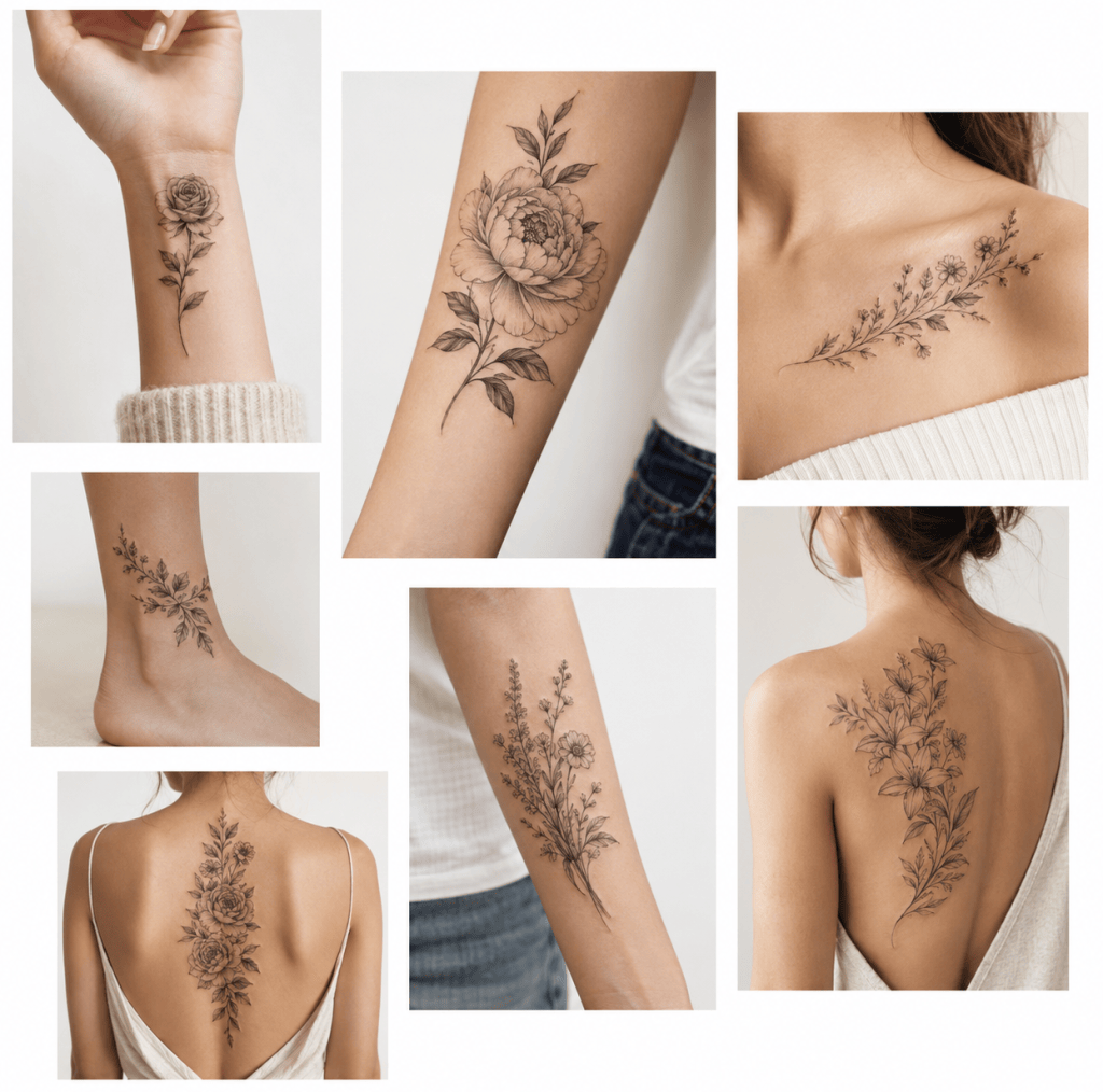 Collage of seven floral tattoos for women featuring roses, peonies, and wildflowers on the wrist, forearm, collarbone, ankle, and back.