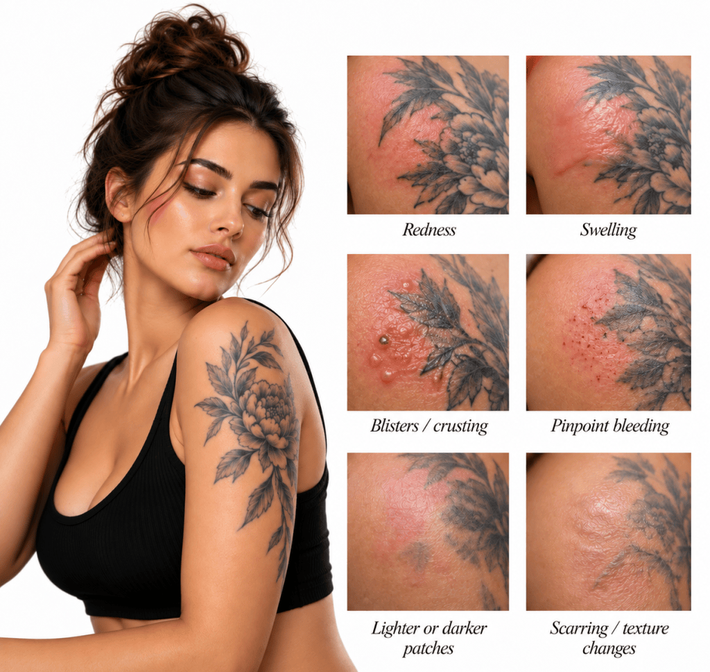 Tattoo removal infographic showing redness, swelling, blisters, pinpoint bleeding, pigmentation changes, and scarring after laser treatment.