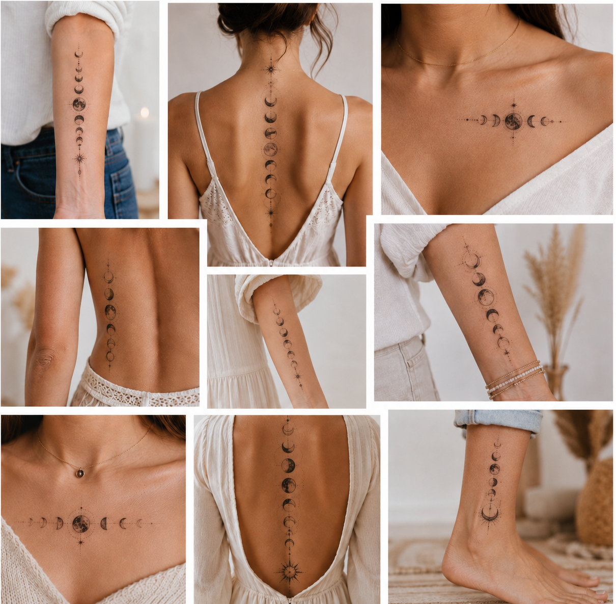 Collage of eight protection tattoos for women featuring the moon and its phases on the forearm, along the spine, below the collarbone, and on the ankle.