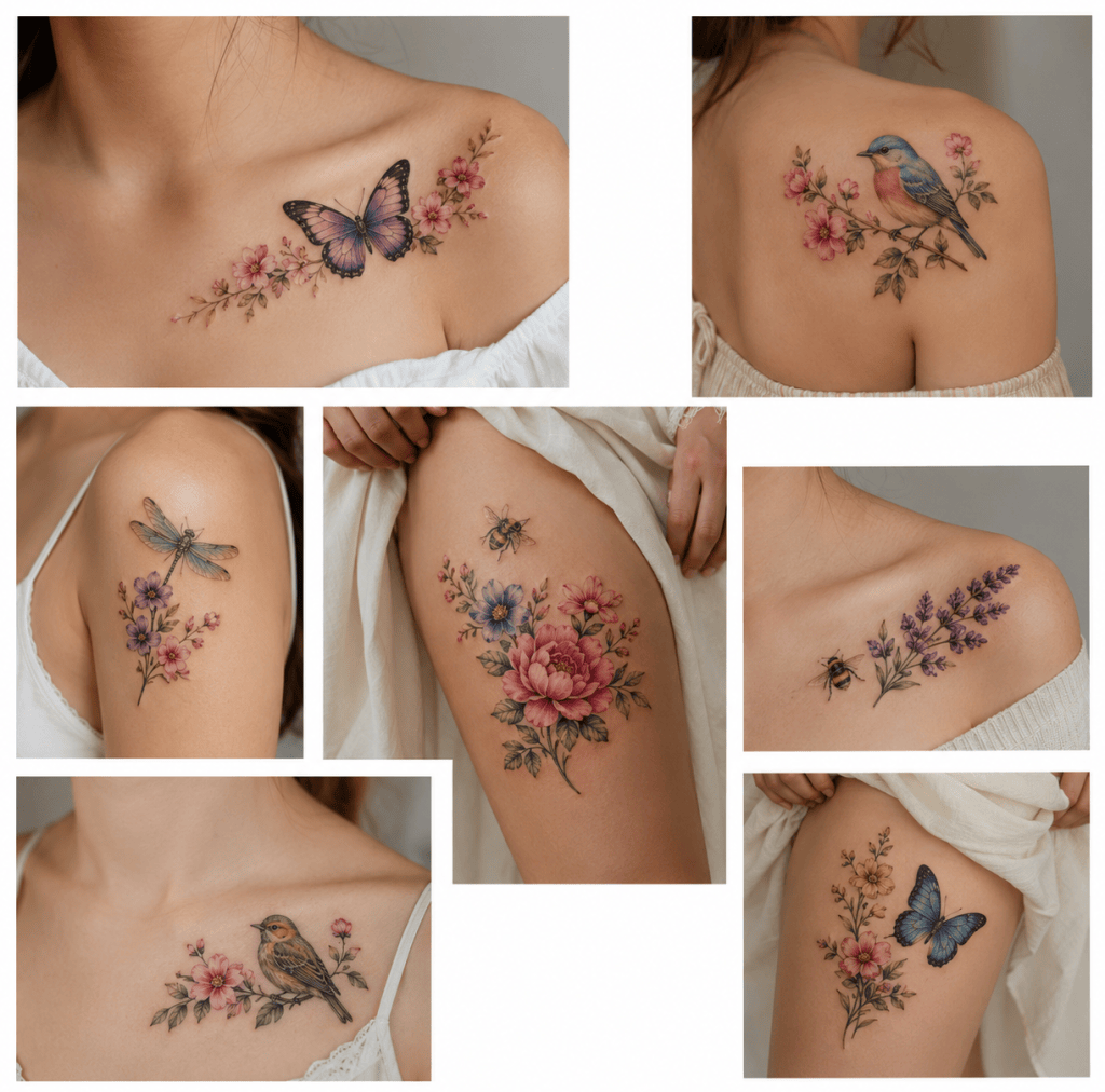 Collage of seven colorful tattoos for women featuring birds, butterflies, bees, and dragonflies with floral details on the collarbone, shoulders, and thighs.