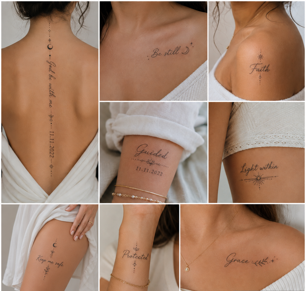 Collage of eight protection tattoos for women featuring short English words, phrases, prayers, and dates along the spine, below the collarbone, on the shoulder, thigh, and forearm.