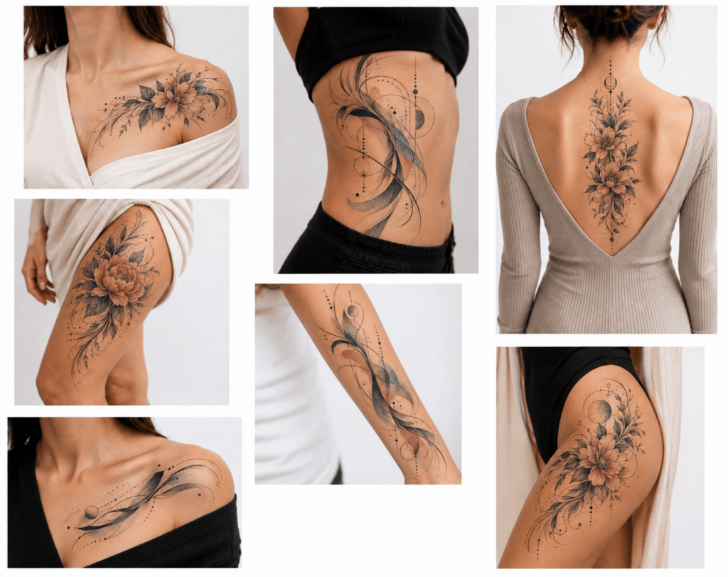 Collage of seven large floral and abstract tattoos on women’s collarbones, ribs, backs, forearms, and thighs.