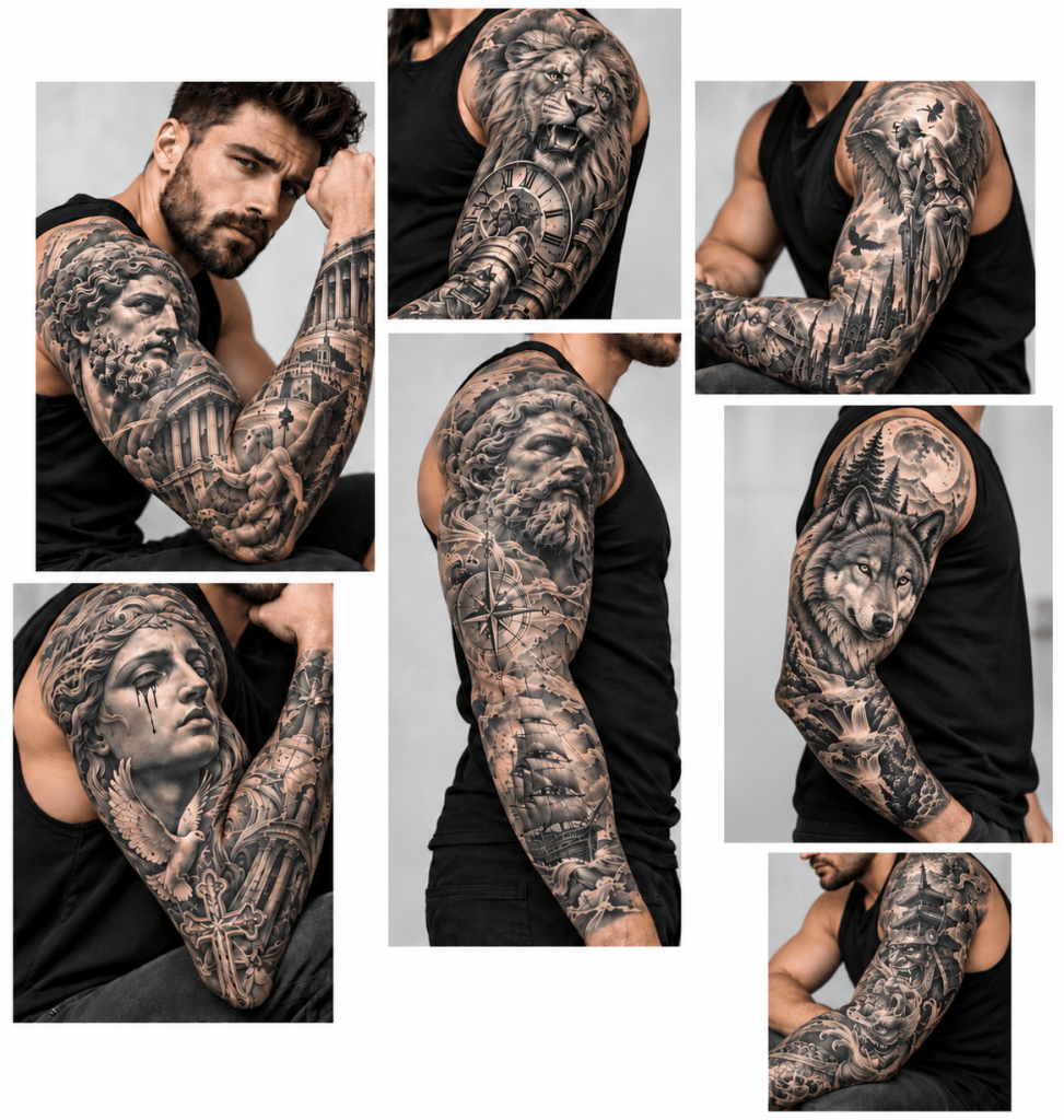Collage of men’s tattoo sleeves featuring a wolf, lion, classical portraits, angel, samurai, and detailed narrative compositions.
