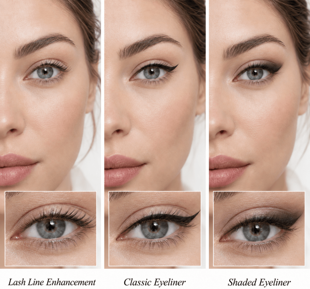 Infographic showing three permanent eye makeup techniques: lash line enhancement, classic eyeliner, and shaded eyeliner.