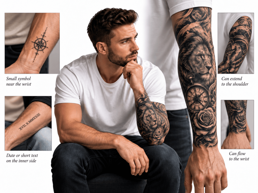 Small and large men’s forearm tattoos with examples near the wrist, on the inner forearm, and across the full arm.