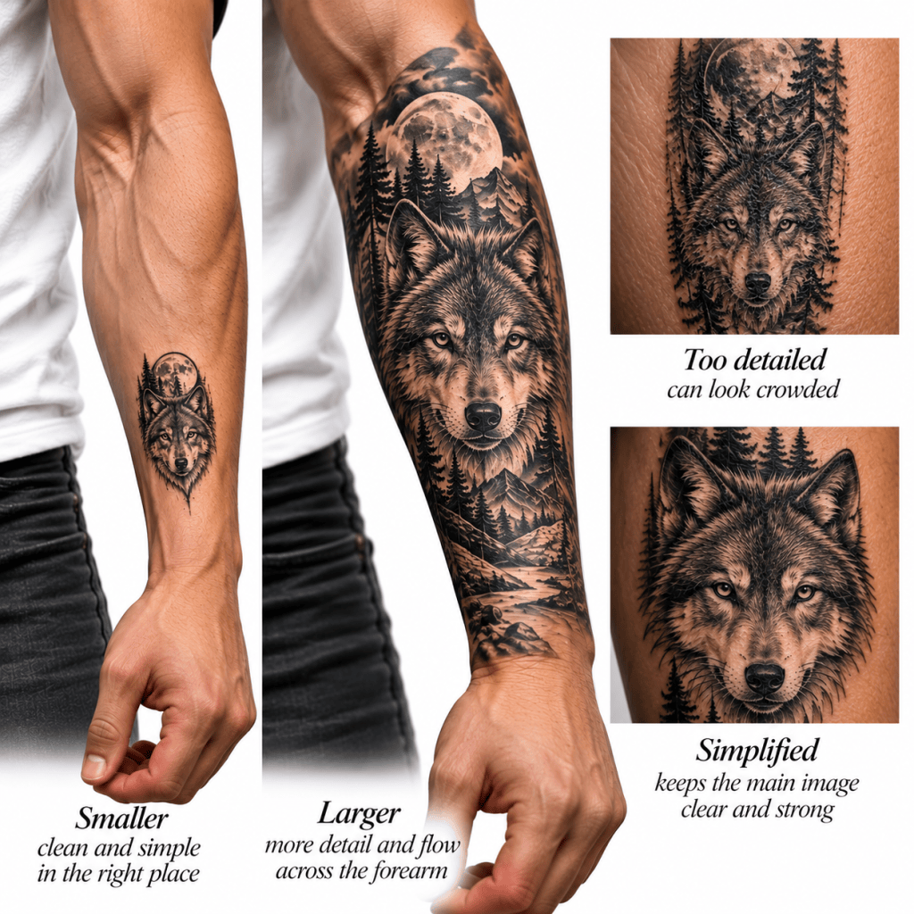 Men’s forearm tattoos comparing a small wolf design, a larger detailed composition, and simplified versus crowded tattoo layouts.