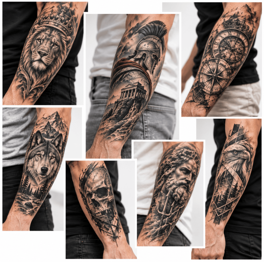 Men’s outer forearm tattoos featuring a lion, wolf, warrior, skull, clock, compass, and mythological designs.