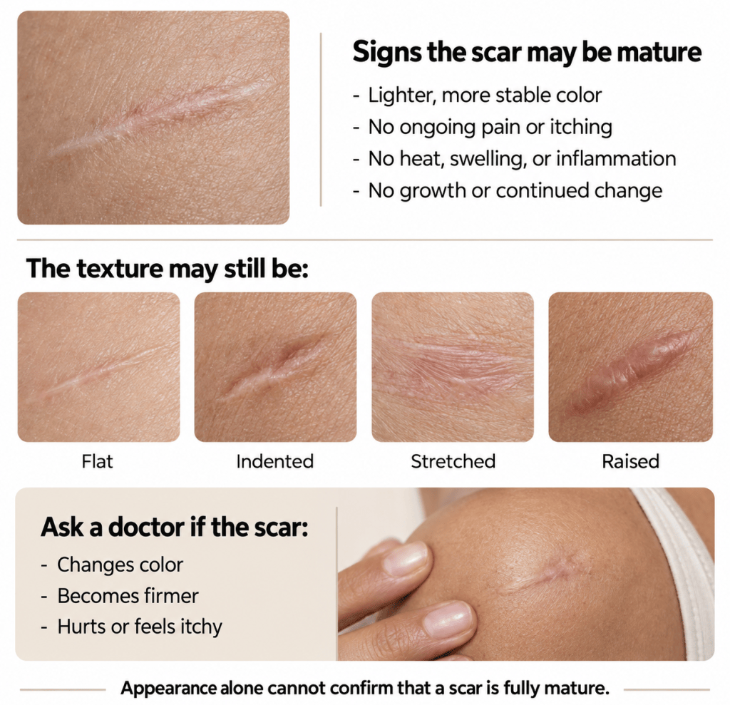 Infographic showing signs of a mature scar, including stable color and no discomfort, four possible scar textures, and changes that require medical advice.