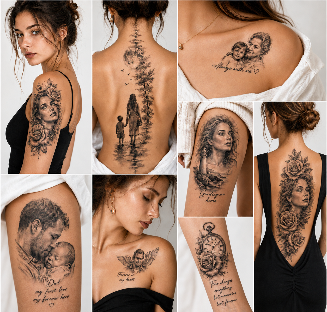 Collage of black and gray portrait and memorial tattoos for women, featuring faces, flowers, a clock, a lighthouse, and meaningful lettering.