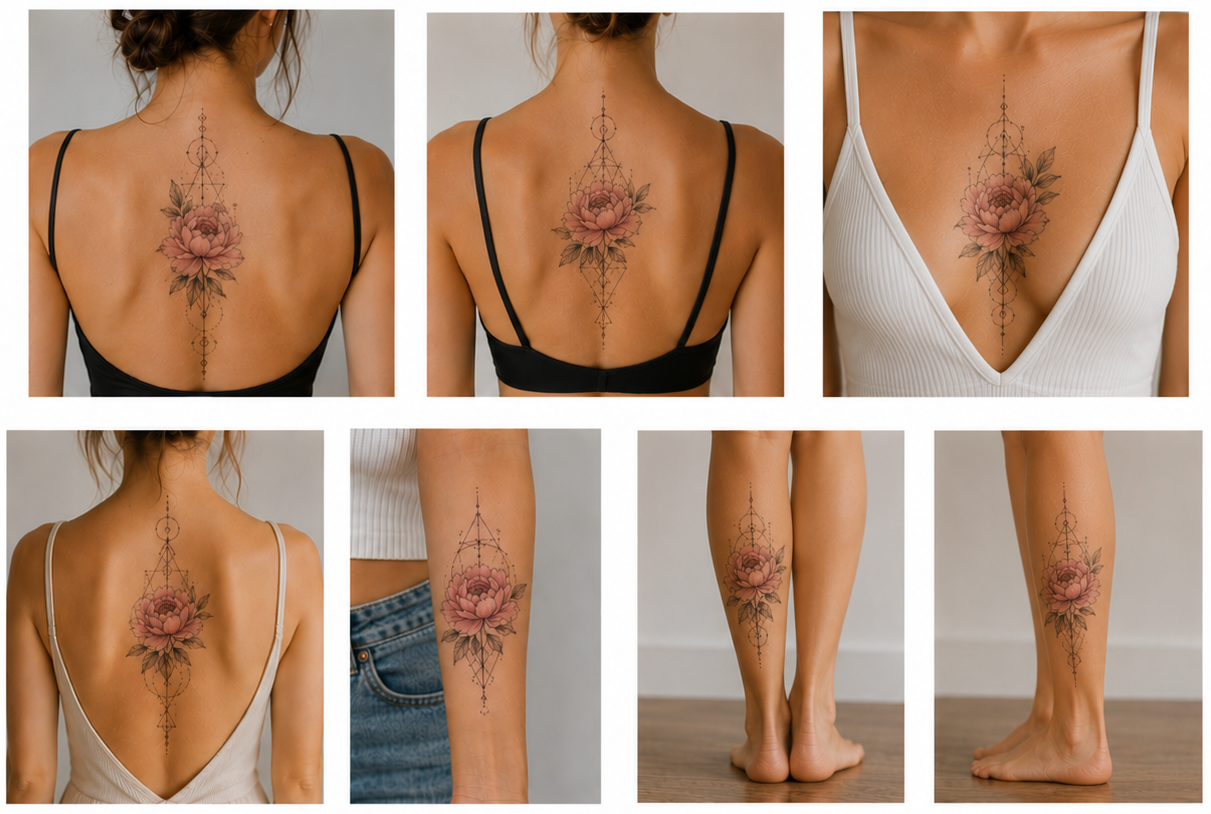 Collage of seven geometric tattoos for women featuring a peony, a delicate branch, and geometric circles on the forearm, along the spine, and between the shoulder blades.