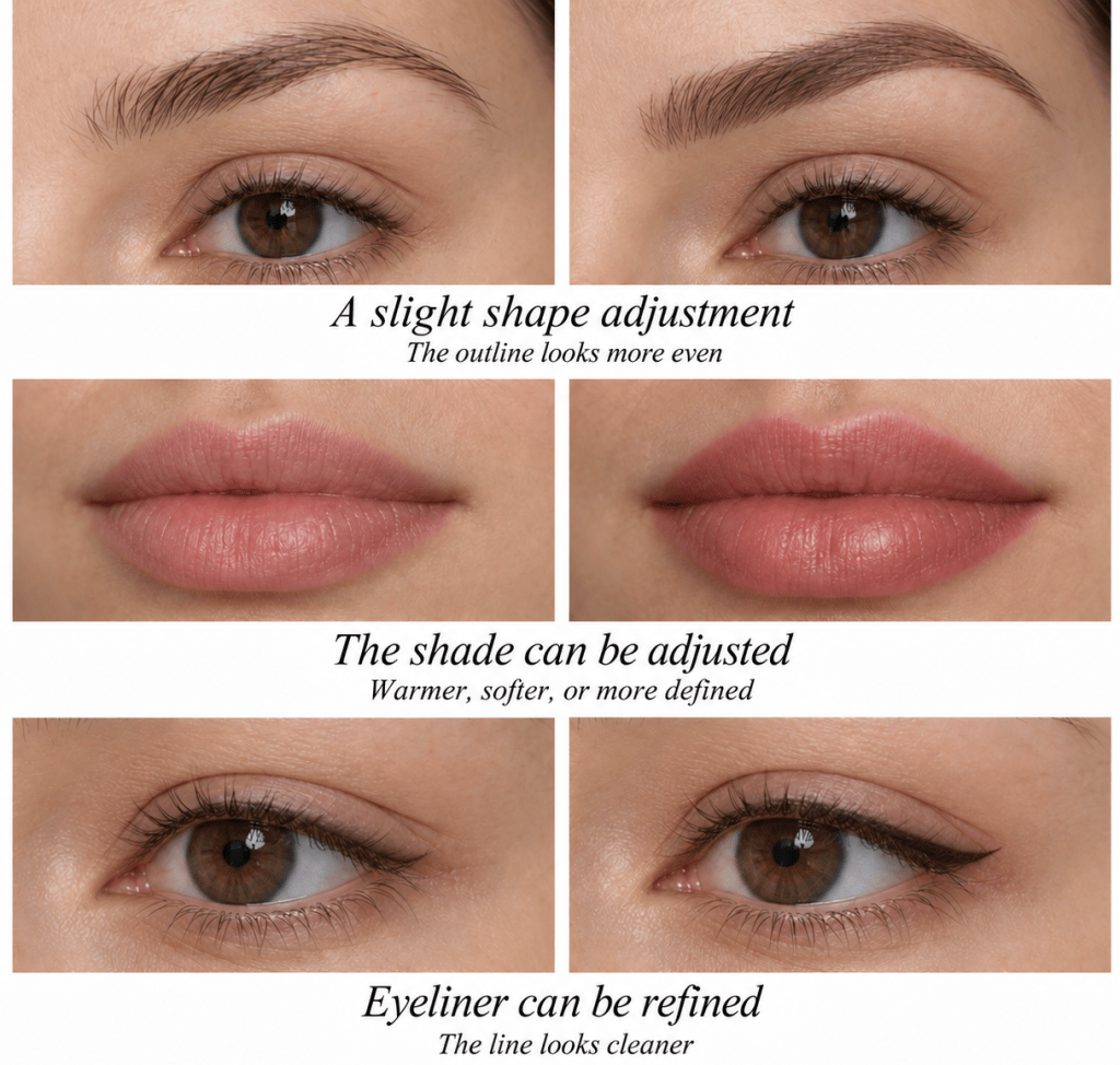 Permanent makeup touch-up adjustments to eyebrow shape, lip shade, and eyeliner after healing.