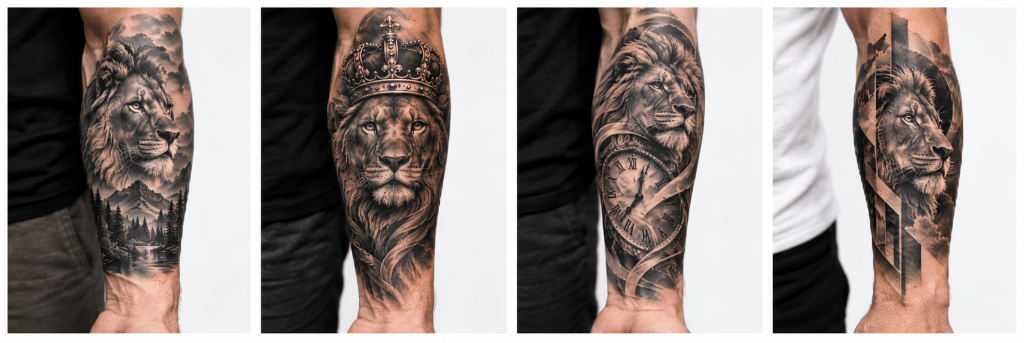 Men’s forearm tattoos featuring a lion, crown, clock, and geometric elements.