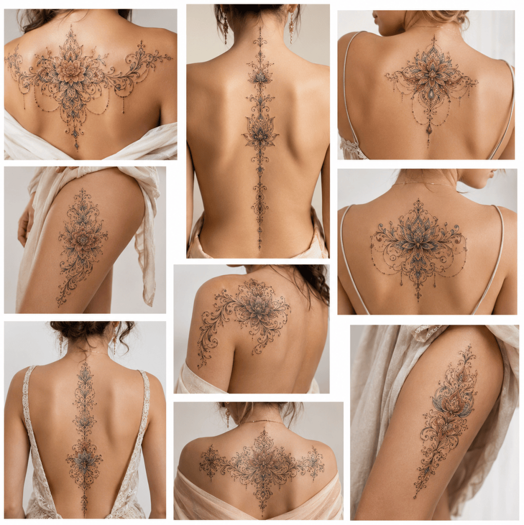 Collage of ten colorful ornamental tattoos on women’s spines, shoulders, and thighs.