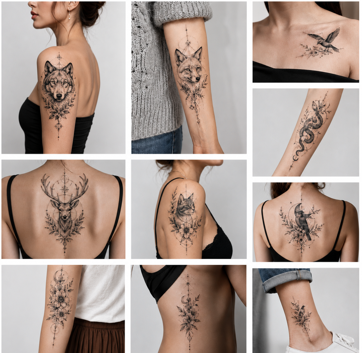 Collage of ten graphic tattoos for women featuring a wolf, fox, cat, snake, deer, and birds combined with flowers, ornaments, and geometric details.