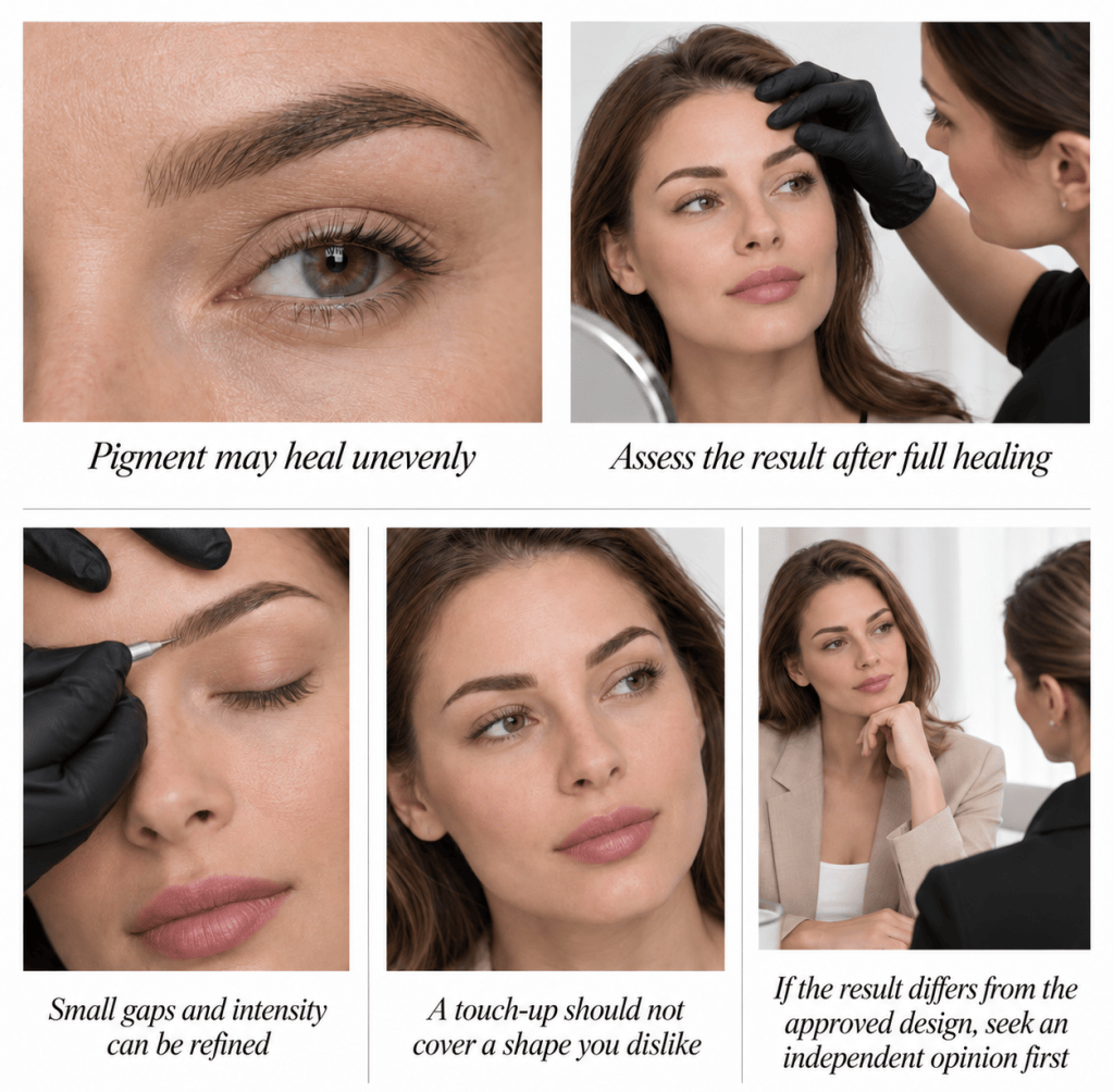 Permanent makeup touch-up after healing, including uneven pigment, filling small gaps, refining the shape, and seeking an independent opinion if needed.
