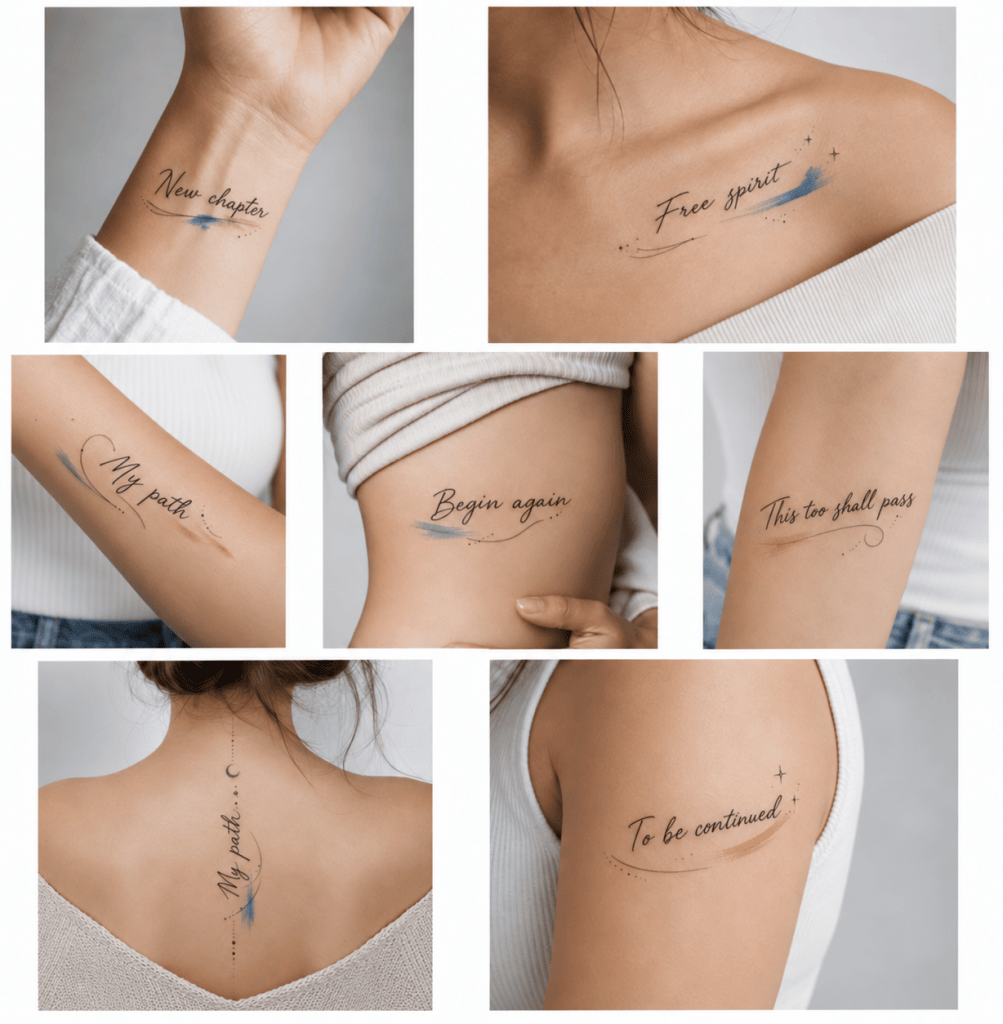 Collage of seven fine-line lettering tattoos with English phrases and watercolor accents on the wrist, collarbone, forearm, ribs, spine, and upper arm.