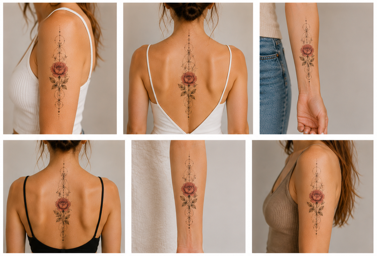 Collage of six geometric tattoos for women featuring a rose, a delicate branch, and geometric circles on the shoulder, forearm, along the spine, and between the shoulder blades.