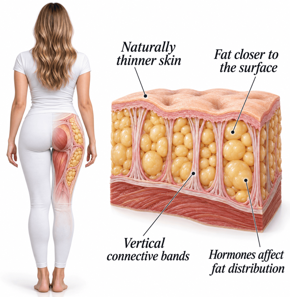 Infographic showing a woman from behind with fat distribution in the buttocks and thigh, alongside a cross-section of cellulite formation.