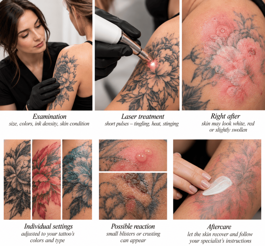 Laser tattoo removal infographic showing consultation, laser treatment, temporary skin reactions, individual settings, and aftercare on inflamed skin with a faded tattoo.