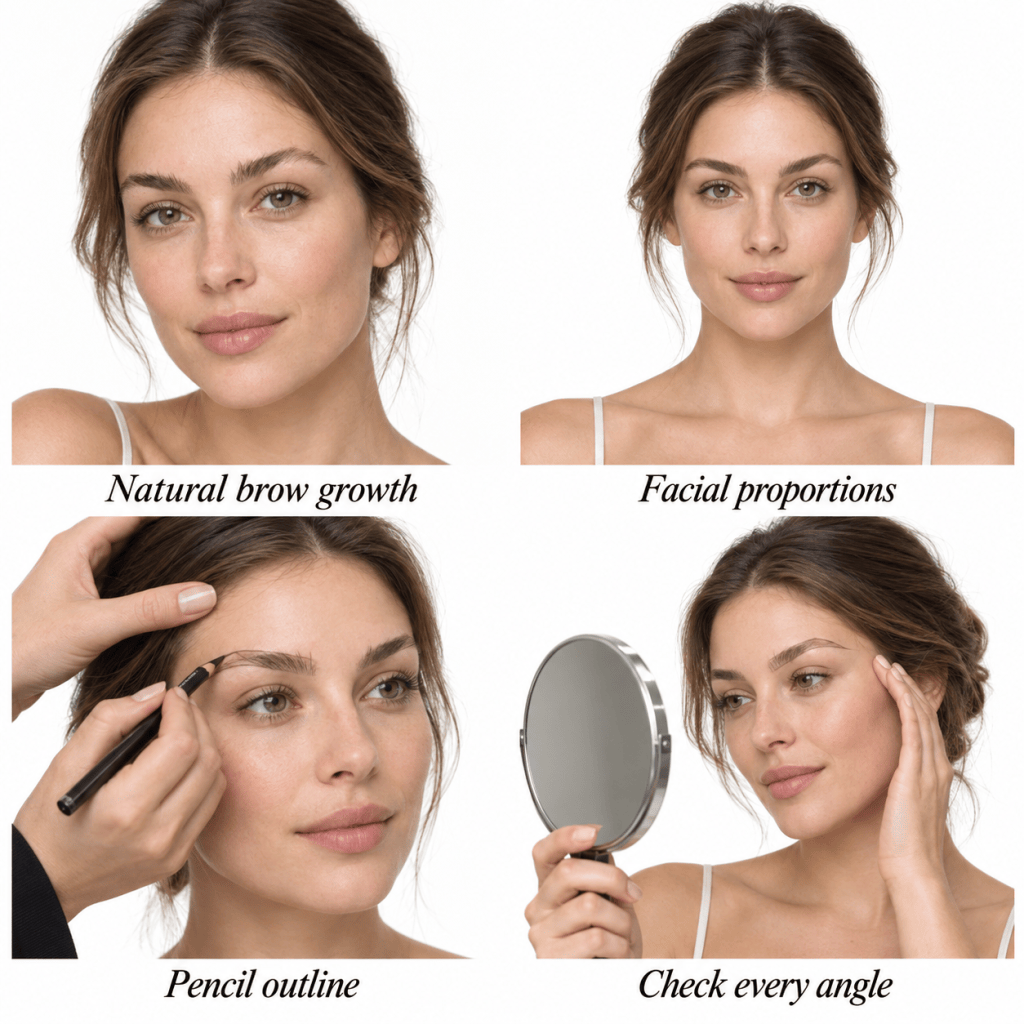 How to choose the right brow shape based on natural brow growth, facial proportions, a pencil outline, and checking it from different angles.