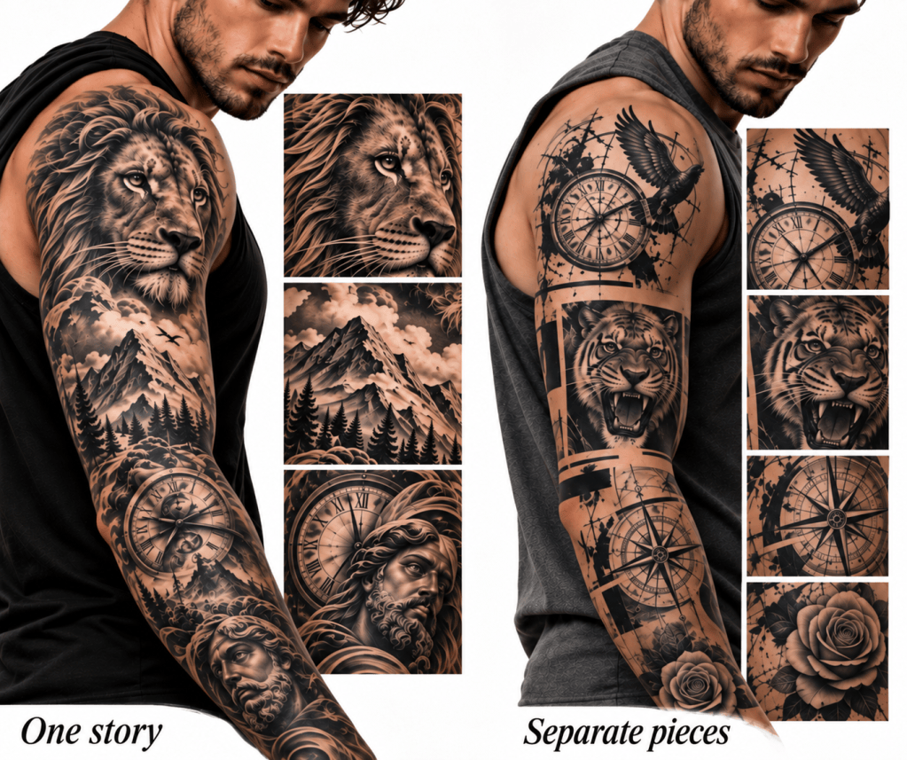 Men’s tattoo sleeves comparing one cohesive composition with several separate tattoo designs on the arm.