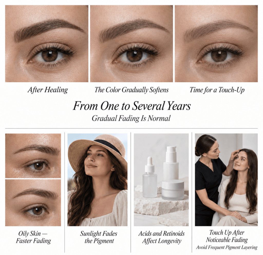 How permanent makeup fades over time and the factors that affect its longevity, including skin type, sunlight, acids, retinoids, and touch-up frequency.