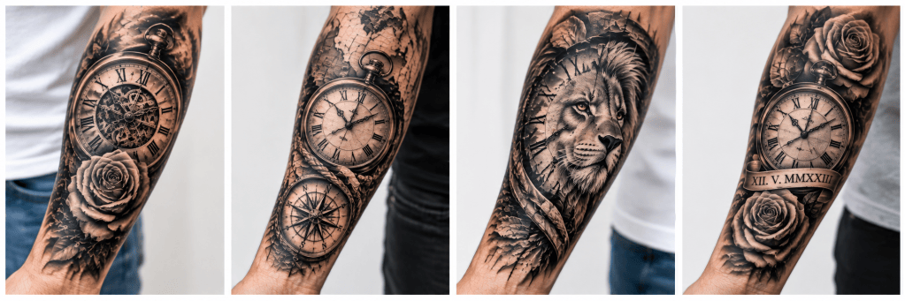 Men’s forearm tattoos with clock designs, roses, compass, and lion elements.