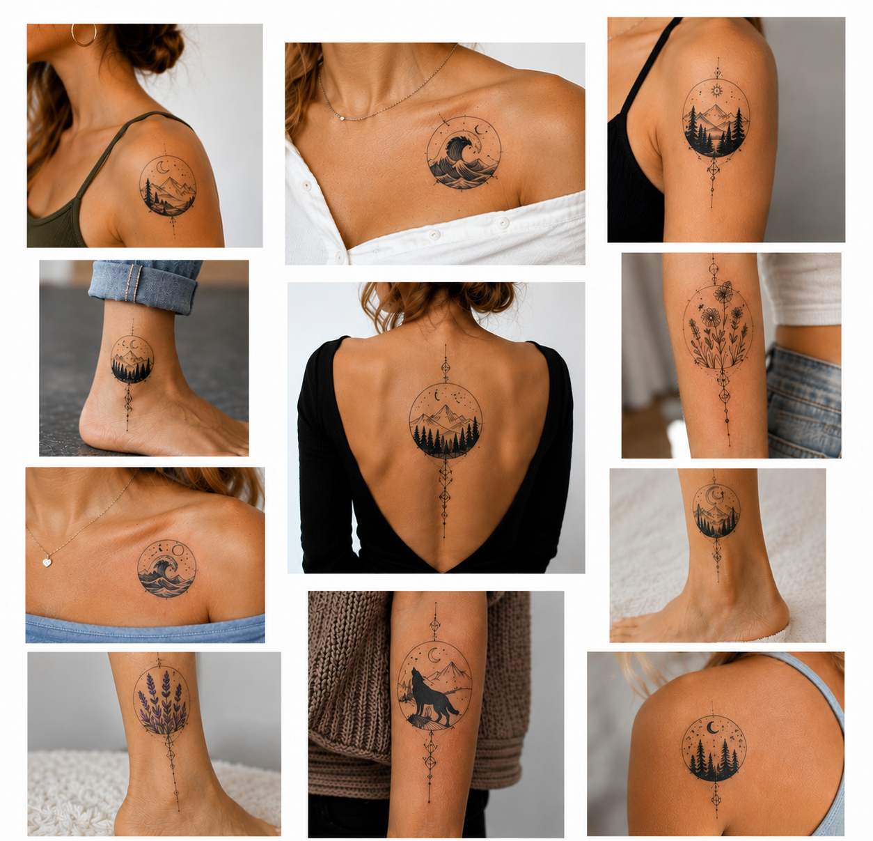 Collage of ten circular tattoos for women featuring mountains, forests, the moon, waves, flowers, and a wolf silhouette on the shoulder, collarbone, back, forearm, and ankle.