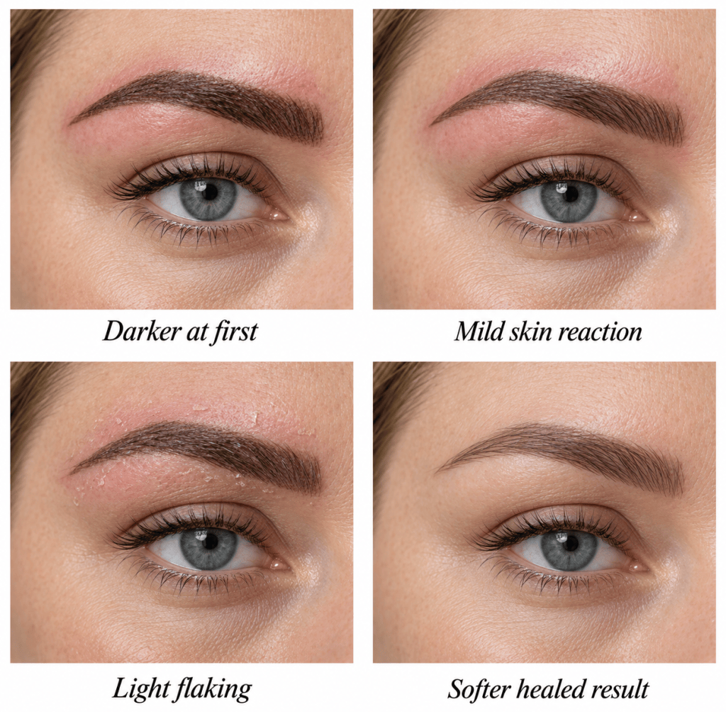 Permanent eyebrow makeup healing stages showing darker brows, mild skin redness, light flaking, and a softer healed result.