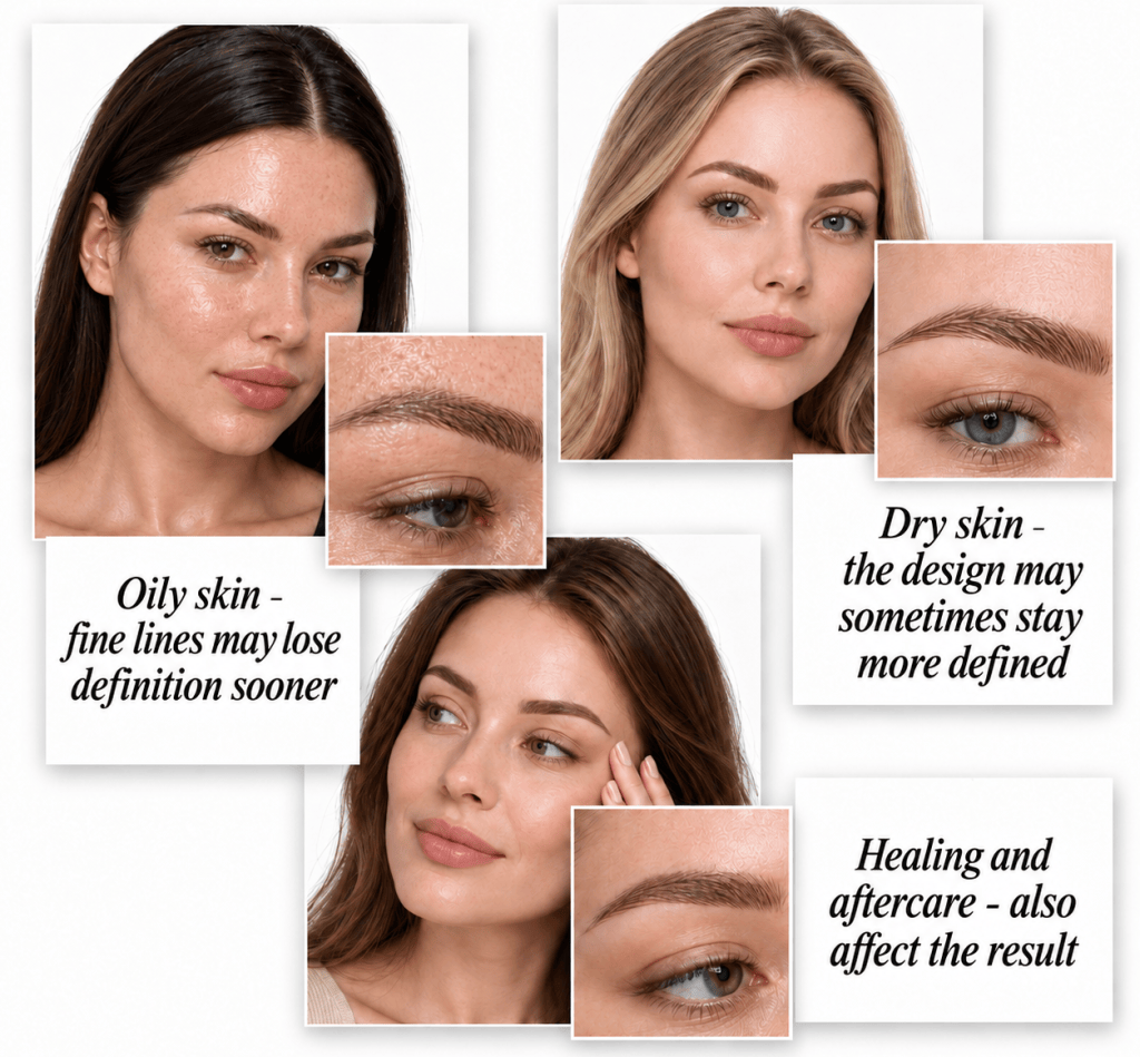 Collage showing how oily and dry skin, healing, and aftercare can affect the definition of permanent eyebrow makeup