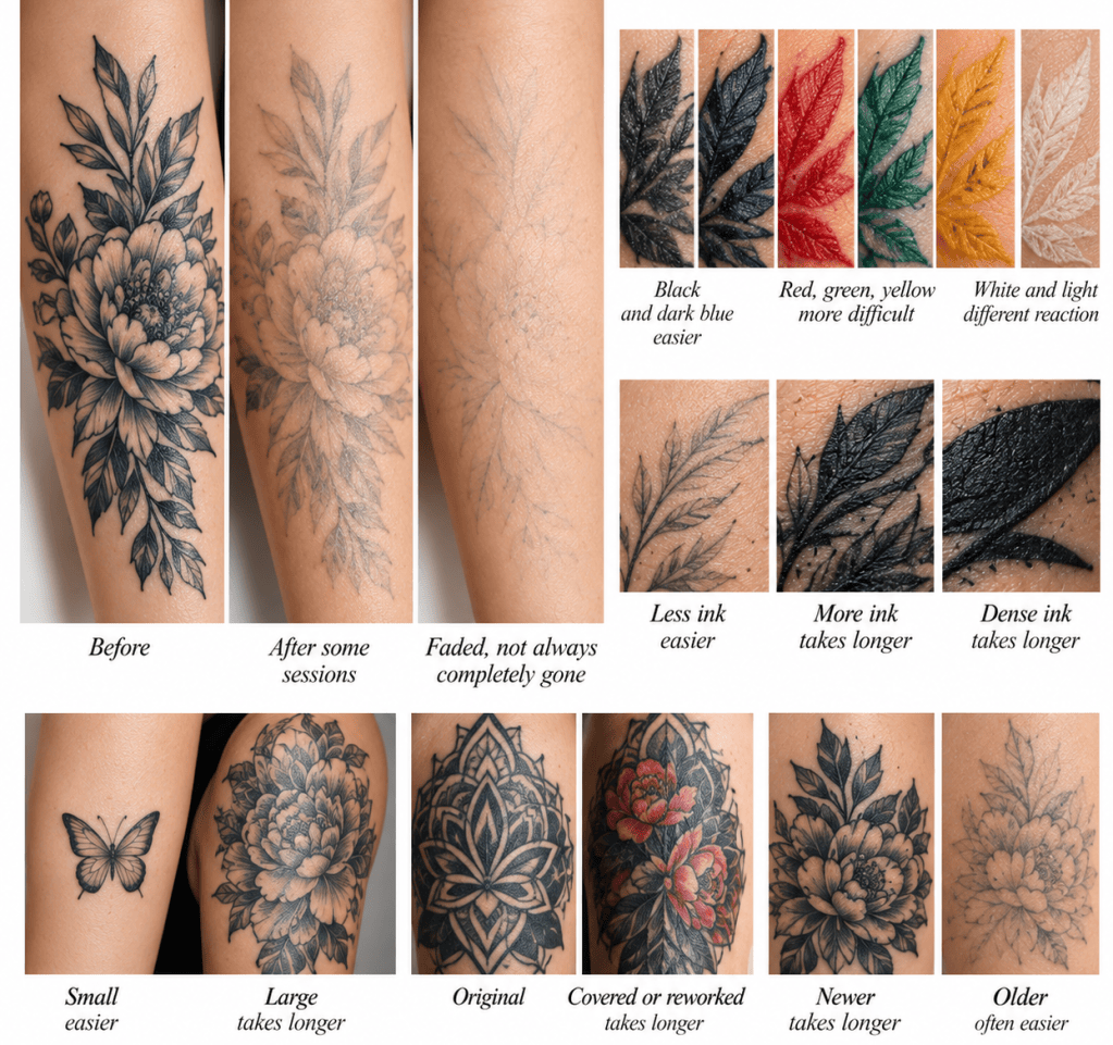 Tattoo removal infographic showing how ink color, density, tattoo size, age, and reworked areas can affect the number of laser removal sessions.