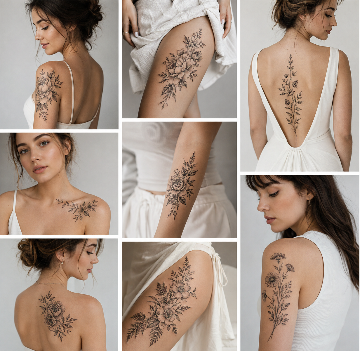 Collage of black and gray floral tattoos for women, including botanical designs on the shoulder, thigh, back, forearm, and collarbone.