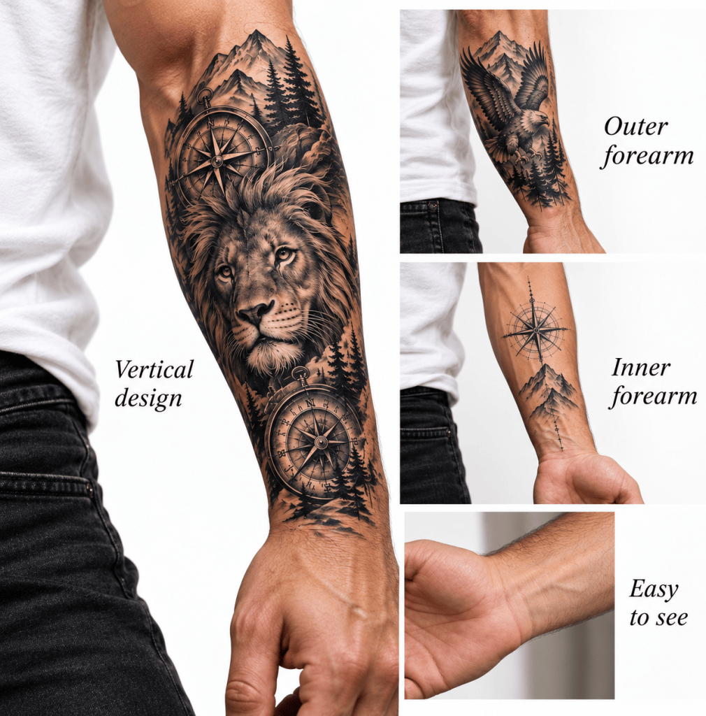 Men’s forearm tattoo with a lion and compass, shown on the outer and inner sides of the arm.