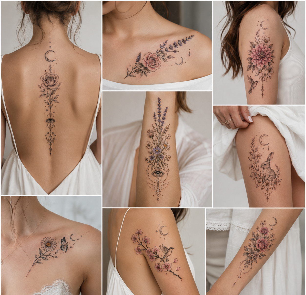 Collage of eight protection tattoos for women featuring a rose, lavender, dahlia, daisy, wildflowers, and cherry blossoms combined with the moon, an eye, birds, a rabbit, a butterfly, and ornamental details on the back, below the collarbone, shoulder, thigh, and forearm.