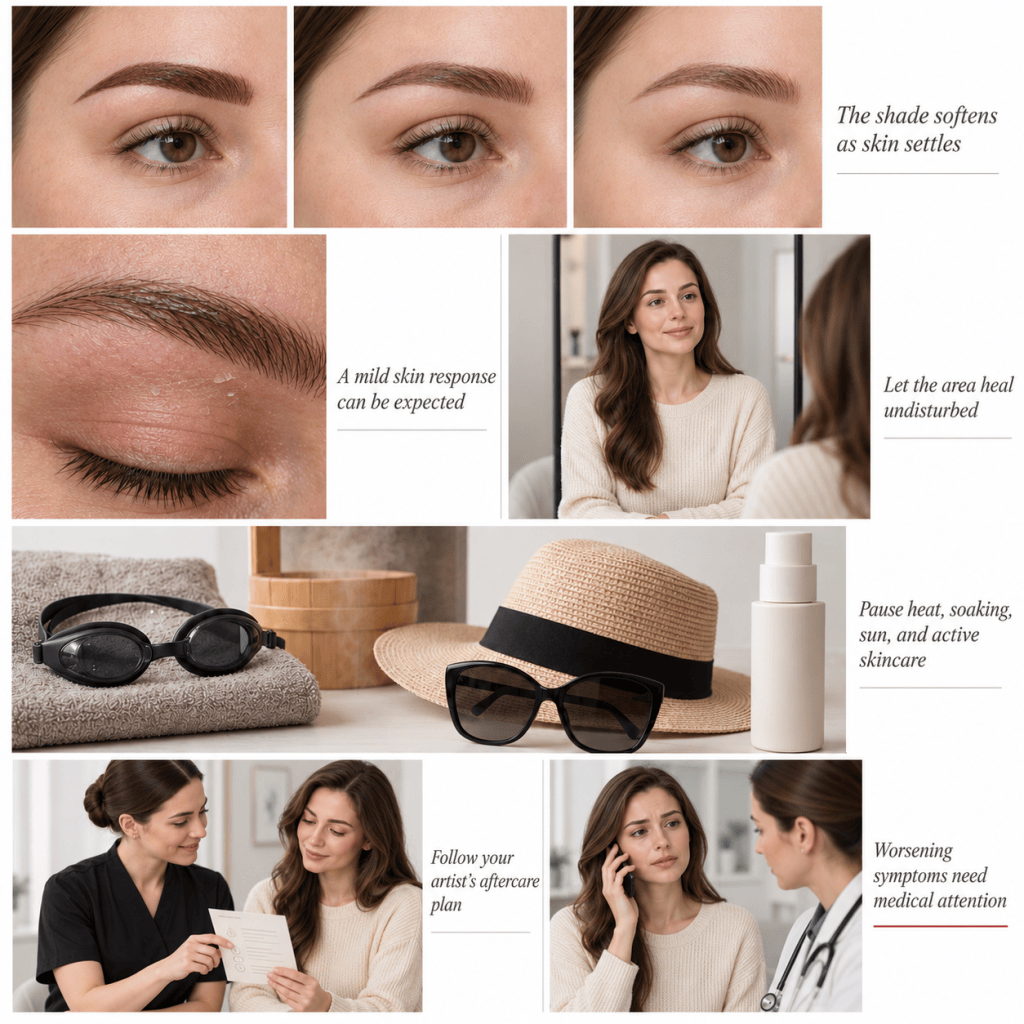 Healing and aftercare after permanent eyebrow makeup, including color fading, mild skin reactions, activity restrictions, artist guidance, and warning signs that require medical attention.