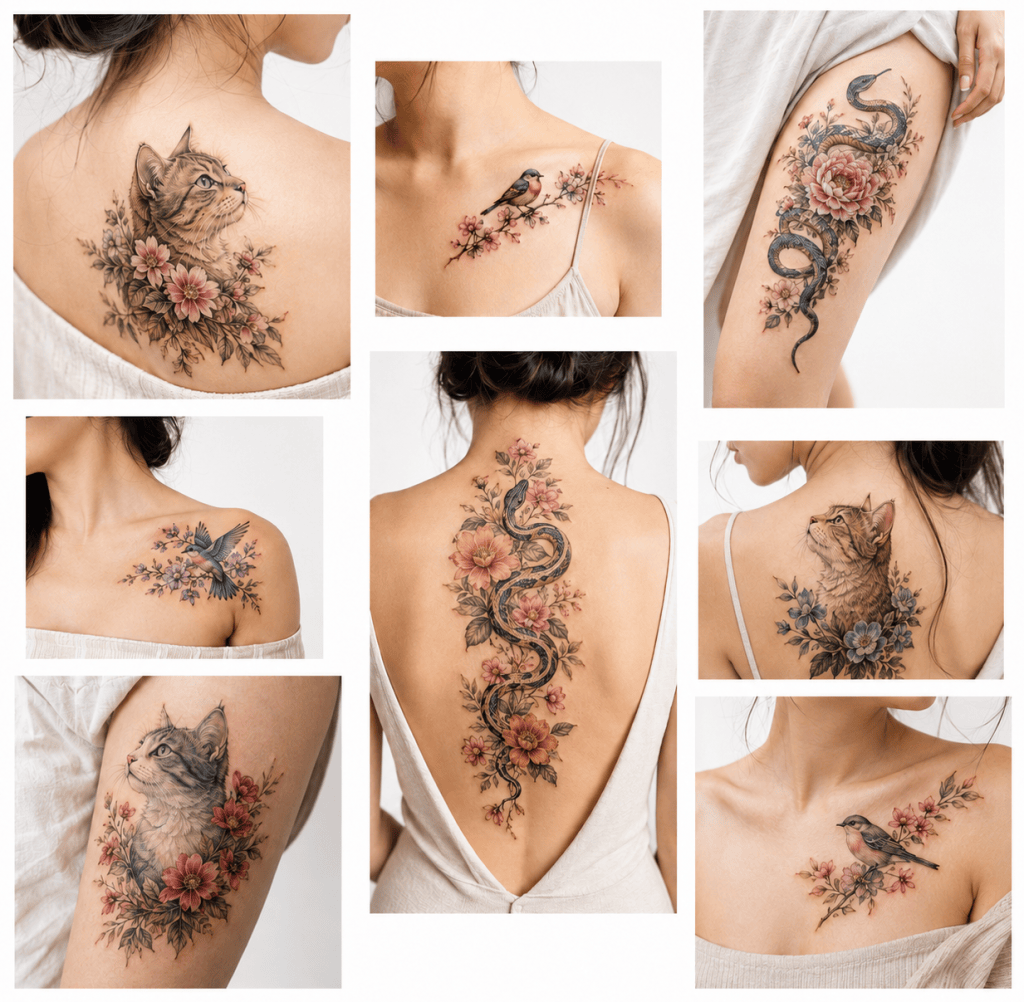 Collage of eight colorful tattoos for women featuring cats, birds, and snakes with floral details on the collarbone, shoulders, thighs, and back.