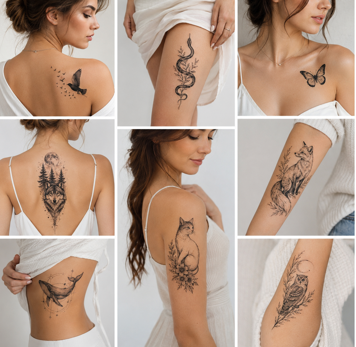 Collage of black and gray animal and bird tattoos for women, including a bird, snake, butterfly, wolf, cat, fox, and owl.