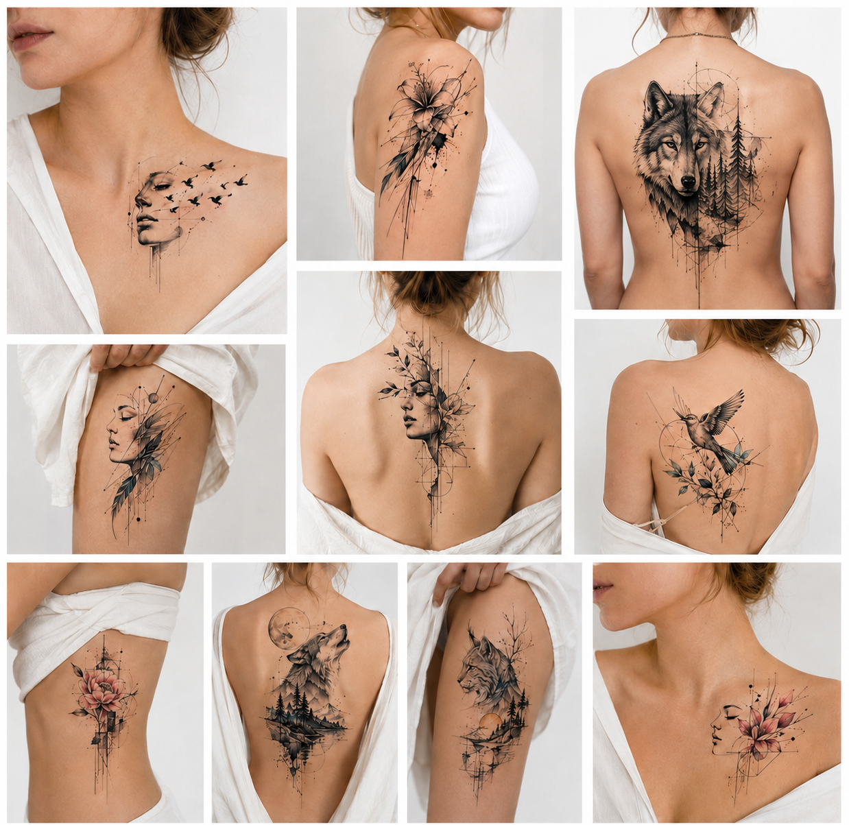 Collage of ten graphic tattoos for women featuring abstract portraits, flowers, birds, a wolf, forest landscapes, and geometric lines on the collarbone, shoulder, back, ribs, and thigh.