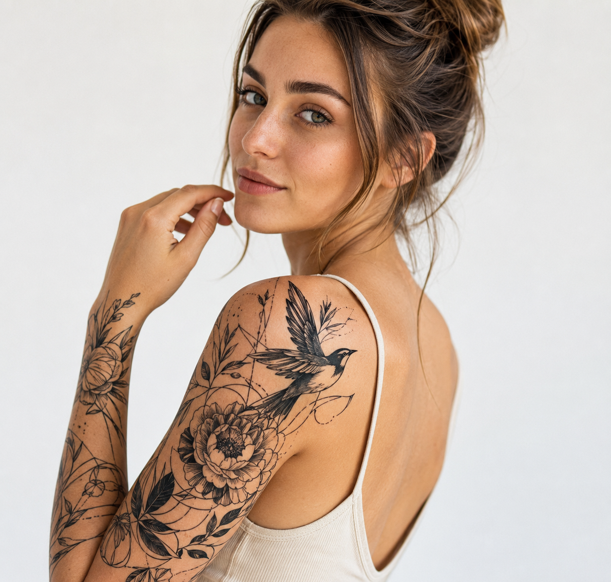 Woman with black and white graphic tattoos of flowers and a bird on her shoulder and arm.